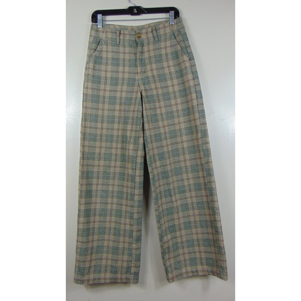 American Eagle Plaid Wide Leg Pants Womens 4 Green Check Trouser Baggy High Rise